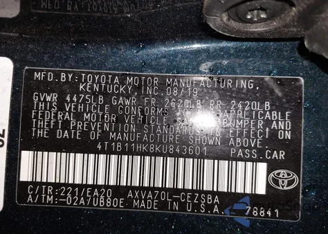 2019 Toyota Camry Se z USA, uszkodzony, nr VIN 4T1B11HK8KU843601